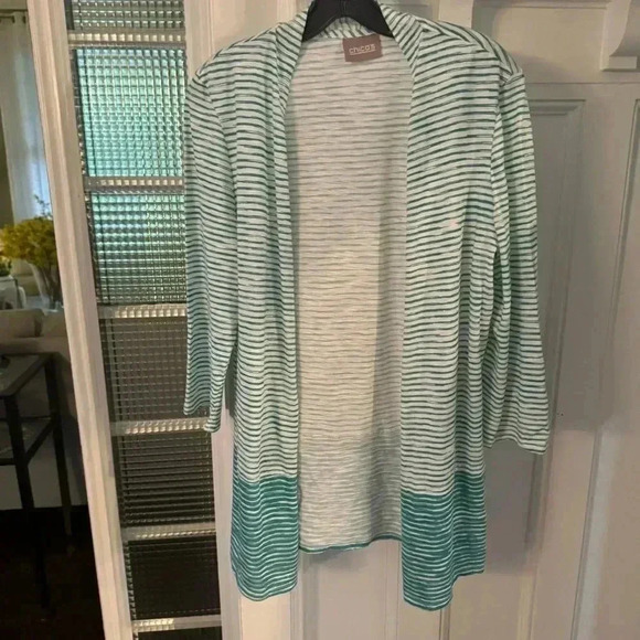 Chicos 1 Medium Green & White Stripe Open Front Cardigan Lightweight Cotton - Picture 3 of 7